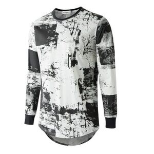 KLIEGOU Ripped Round Hemline‎ Pattern Print Long Sleeve T Shirt Sz L